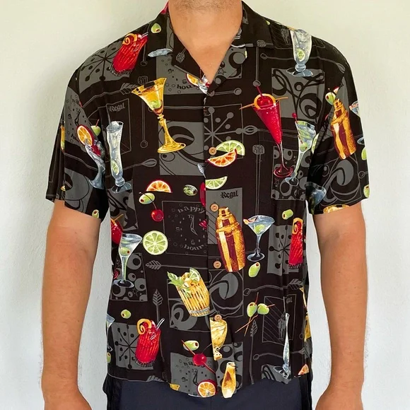 Vintage Paradise Found black happy hour cocktail Hawaiian shirt size medium - Picture 1 of 12